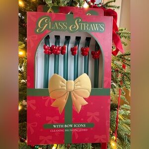 NWT Wellness, Green Glass Straws with Red Bow Icons, and cleaning brush